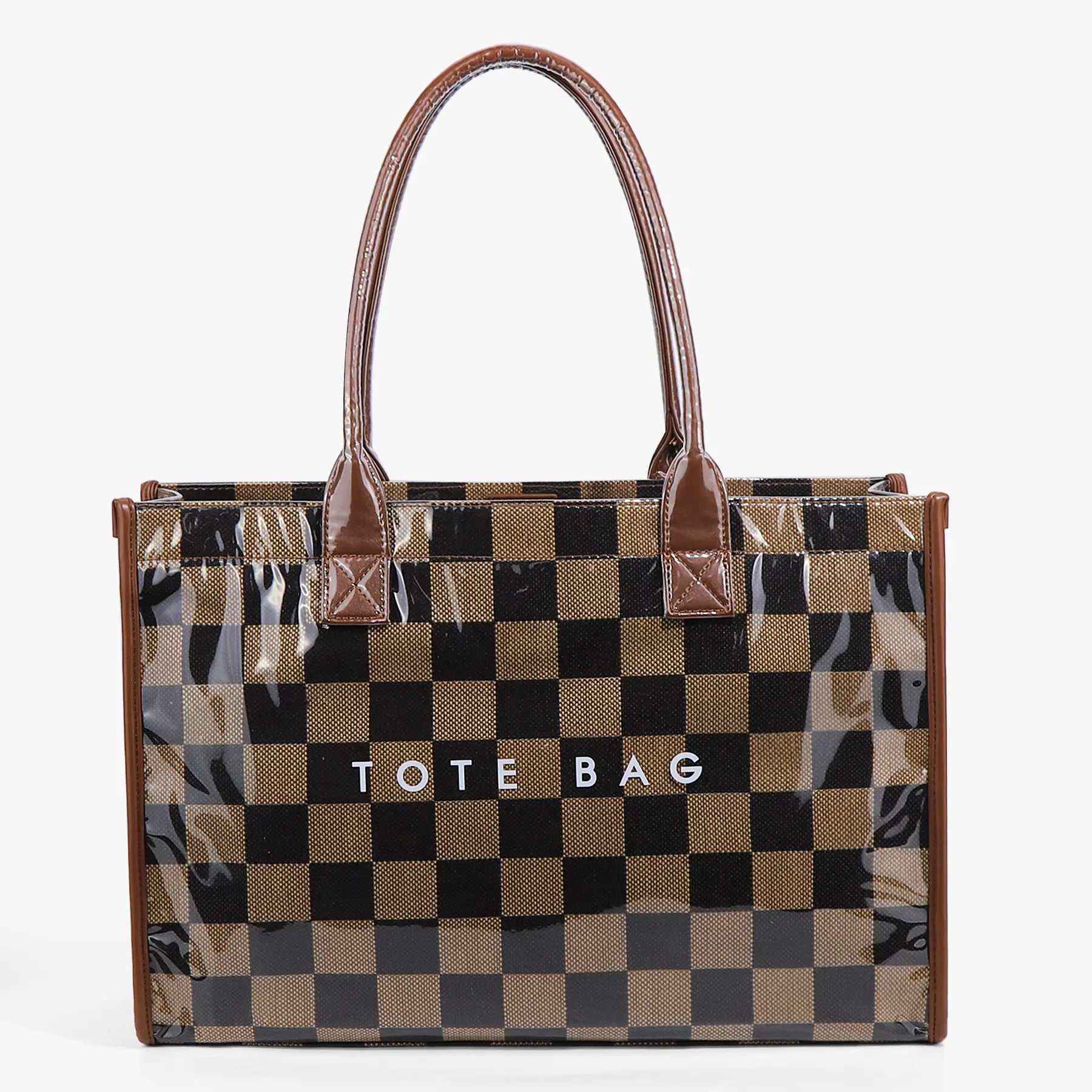 Women'S Retro Checkered Tote Bag - Vintage Checkerboard Design, Transparent Large Capacity, Black & Brown Accents, Magnetic Closure, Durable Polyester Lining, Casual Commuter Handbag, Minimalist Style, Sturdy Handle