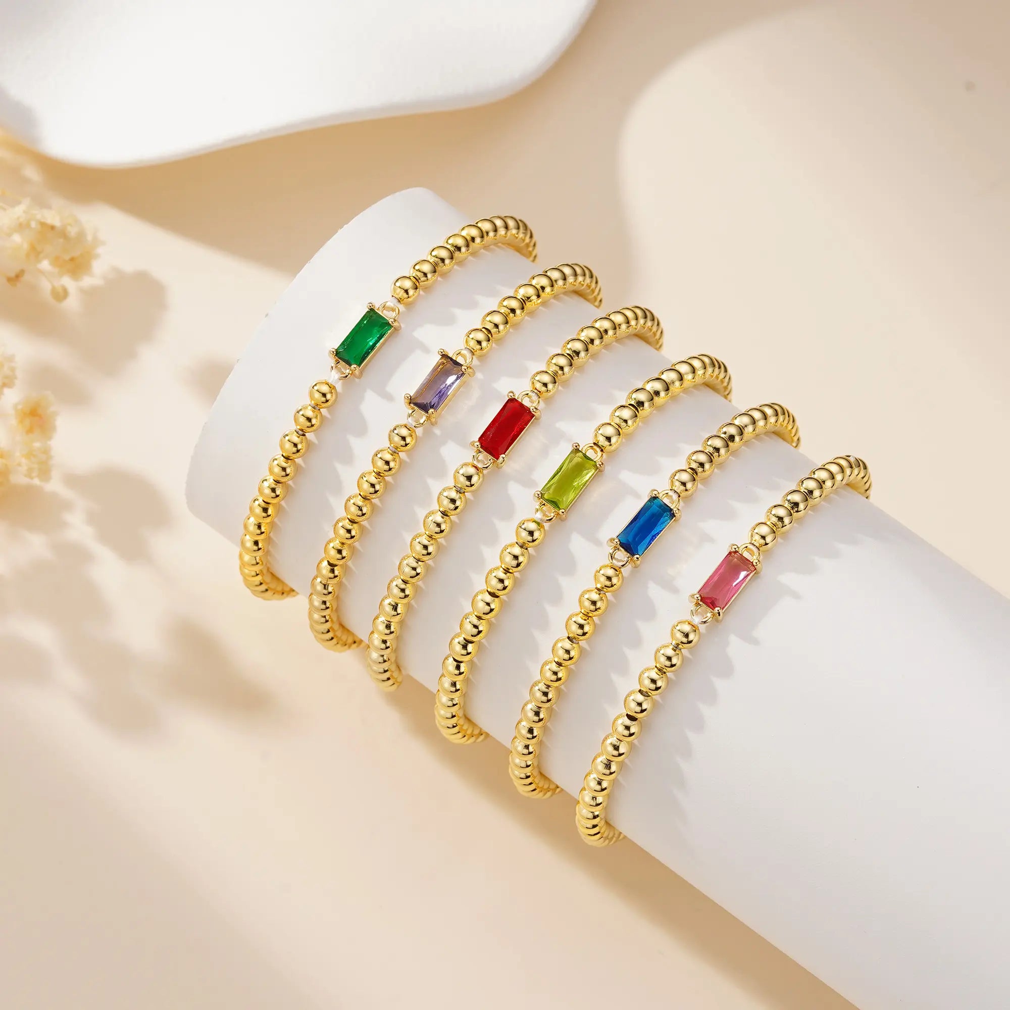 Turandoss Birthstone Beaded Bracelet for Women - 14K Gold Plated Bead Elastic Bangle Bracelets Trendy Friendship Birthday Jewelry Gifts for Women