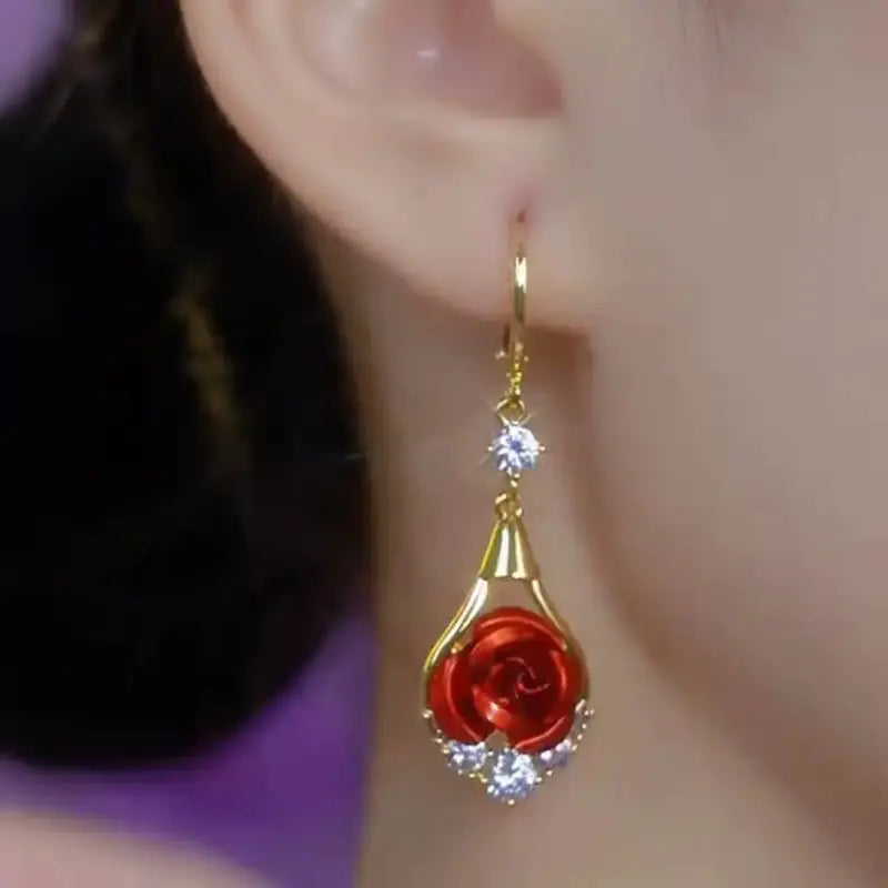 Rose Drop Earrings 14K Gold Plated Sparkling Crystal Tassel Design, Chic Elegant Fashion Jewelry Water Drop Earrings for Women 2025 DZEH4322