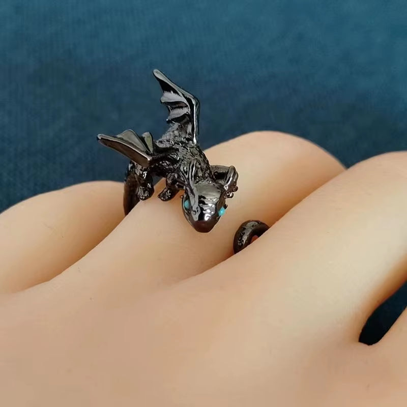 Creative Funny Black Flying Dragon Rings for Women Man Adjustable Animal Open Rings Luxury Couple Rock Party Jewelry Gift