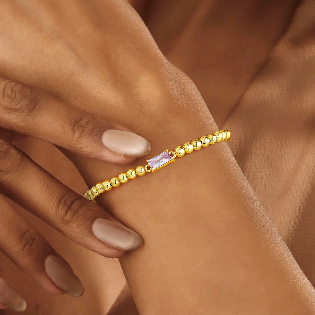 Turandoss Birthstone Beaded Bracelet for Women - 14K Gold Plated Bead Elastic Bangle Bracelets Trendy Friendship Birthday Jewelry Gifts for Women