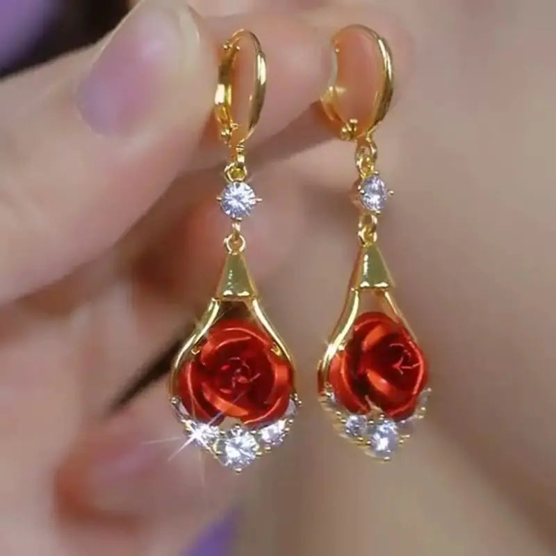 Rose Drop Earrings 14K Gold Plated Sparkling Crystal Tassel Design, Chic Elegant Fashion Jewelry Water Drop Earrings for Women 2025 DZEH4322
