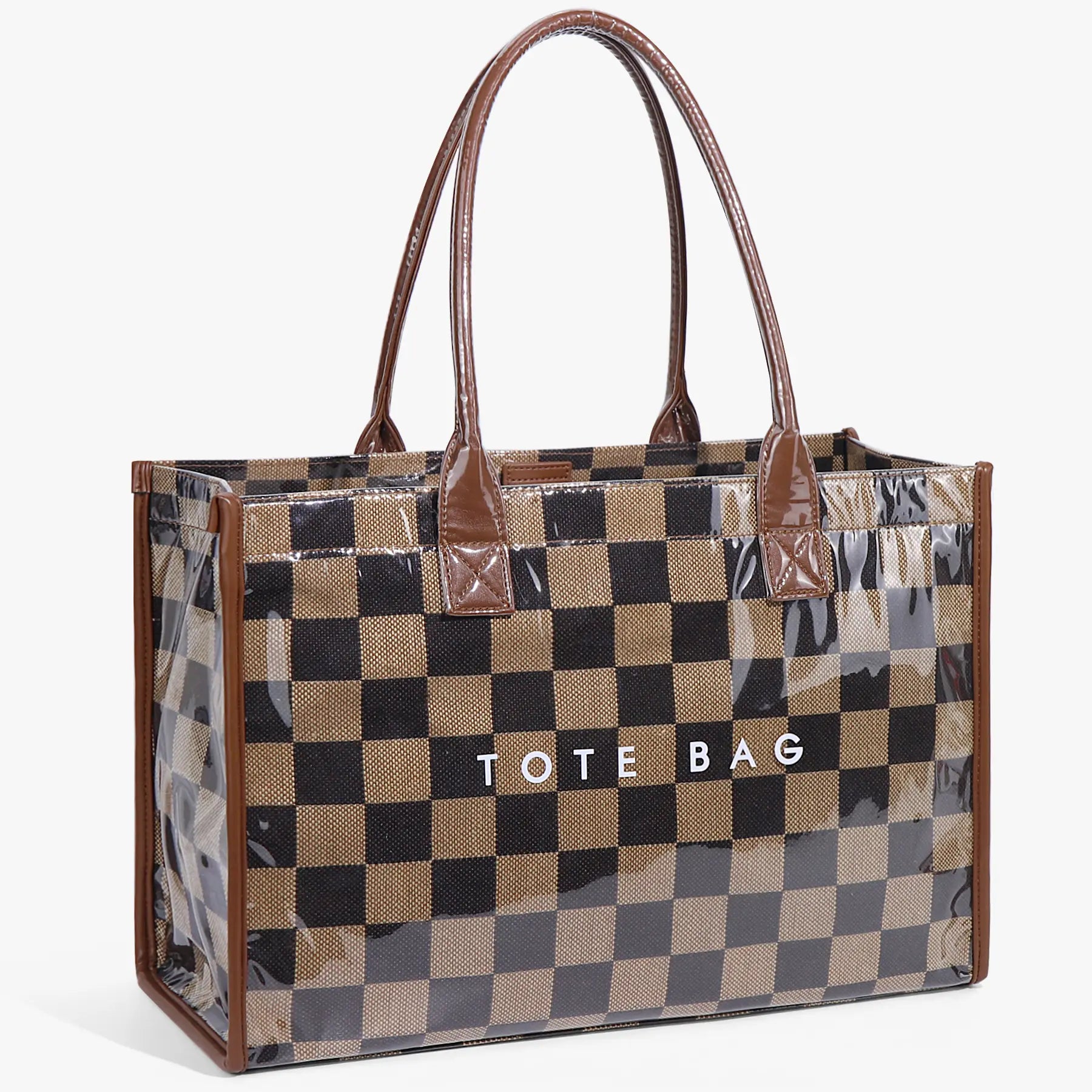 Women'S Retro Checkered Tote Bag - Vintage Checkerboard Design, Transparent Large Capacity, Black & Brown Accents, Magnetic Closure, Durable Polyester Lining, Casual Commuter Handbag, Minimalist Style, Sturdy Handle