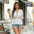 Chicovar Women'S Lace Blouse - Tie Front, Puff Sleeve, Ruffle Hem, Babydoll Top, Daily Wear, Casual Wear, Travel, Vacation