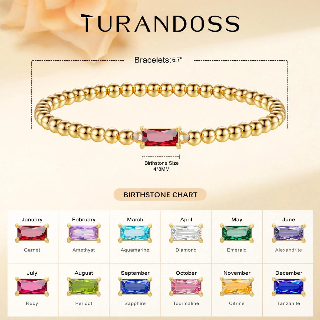 Turandoss Birthstone Beaded Bracelet for Women - 14K Gold Plated Bead Elastic Bangle Bracelets Trendy Friendship Birthday Jewelry Gifts for Women
