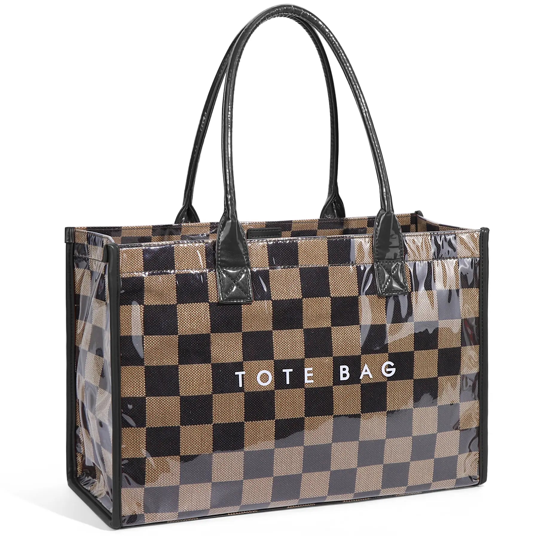 Women'S Retro Checkered Tote Bag - Vintage Checkerboard Design, Transparent Large Capacity, Black & Brown Accents, Magnetic Closure, Durable Polyester Lining, Casual Commuter Handbag, Minimalist Style, Sturdy Handle