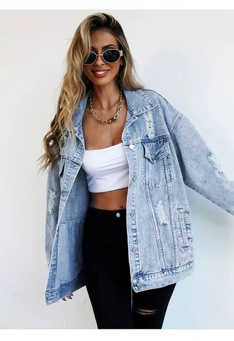 Jeans Jackets for Woman Jackets Euramerican Hole Autumn Winter Women'S Jeans Coats Outerwears Denim Top New Female Jean Fashion