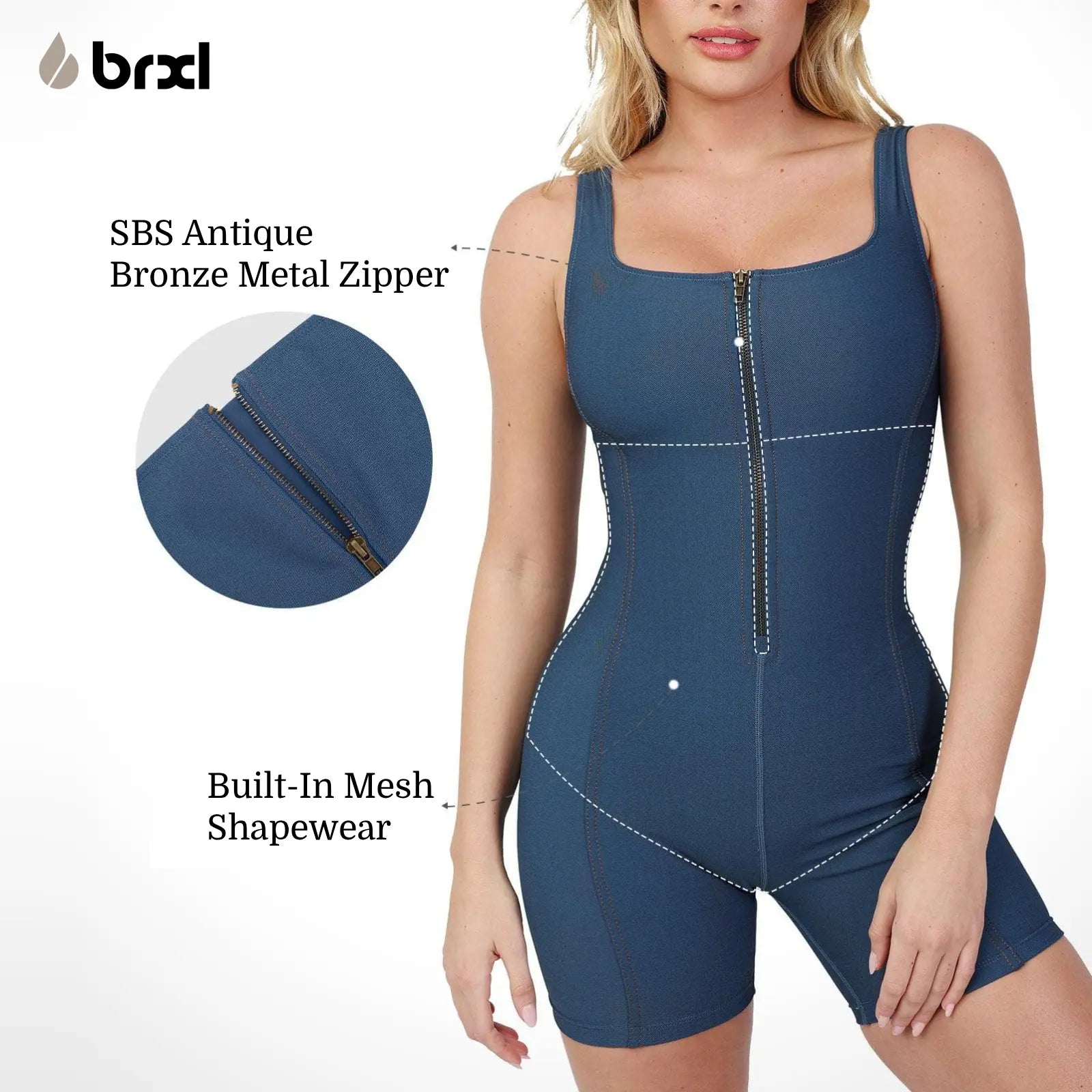Brxl by Popilush Shapewear Jumpsuit - Faux Denim Jumpsuit for Women Built in Shapewear Tummy Control Jean Romper Full Bodysuits