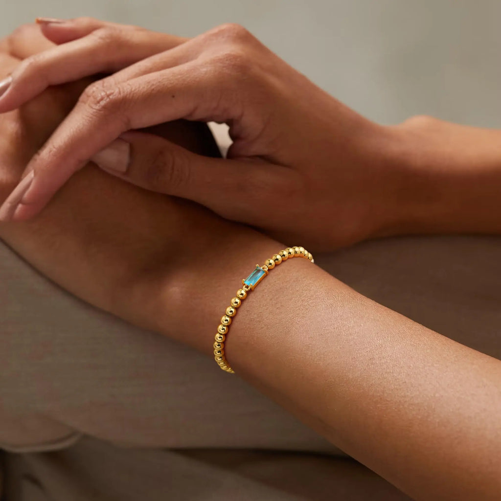 Turandoss Birthstone Beaded Bracelet for Women - 14K Gold Plated Bead Elastic Bangle Bracelets Trendy Friendship Birthday Jewelry Gifts for Women