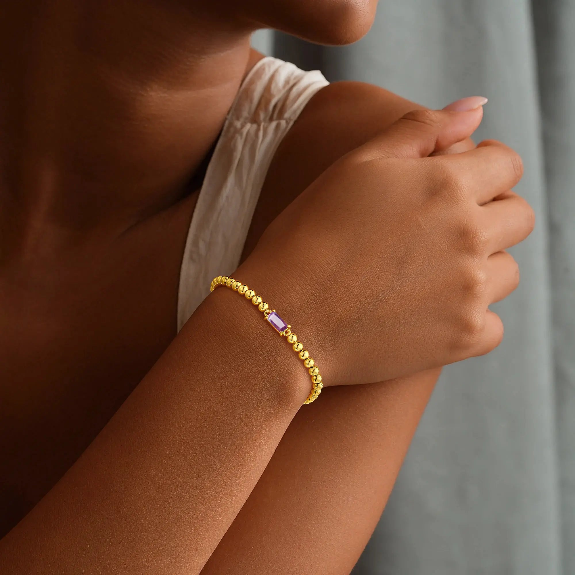 Turandoss Birthstone Beaded Bracelet for Women - 14K Gold Plated Bead Elastic Bangle Bracelets Trendy Friendship Birthday Jewelry Gifts for Women