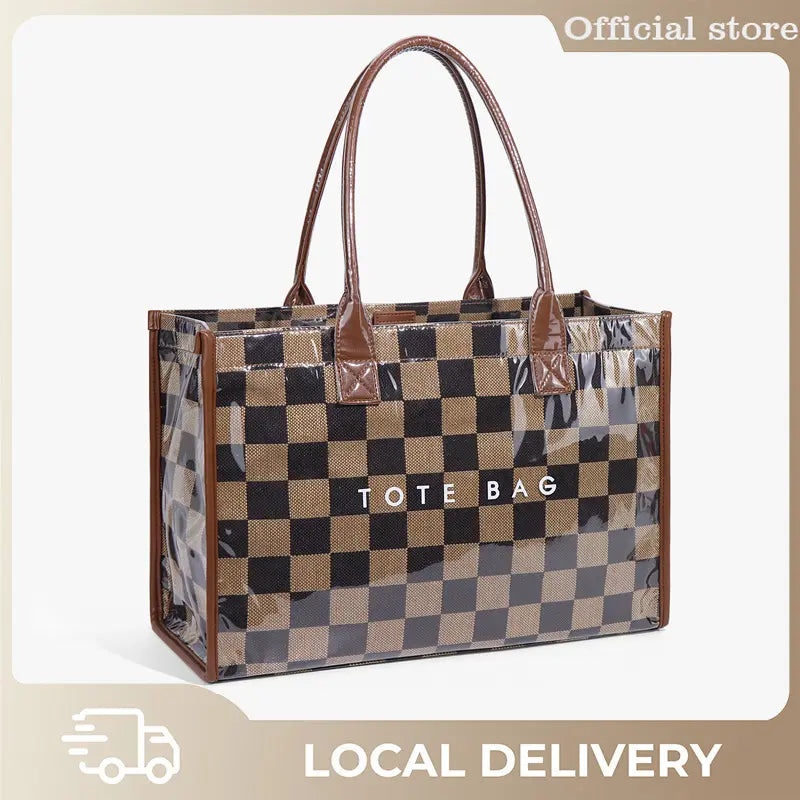 Women'S Retro Checkered Tote Bag - Vintage Checkerboard Design, Transparent Large Capacity, Black & Brown Accents, Magnetic Closure, Durable Polyester Lining, Casual Commuter Handbag, Minimalist Style, Sturdy Handle
