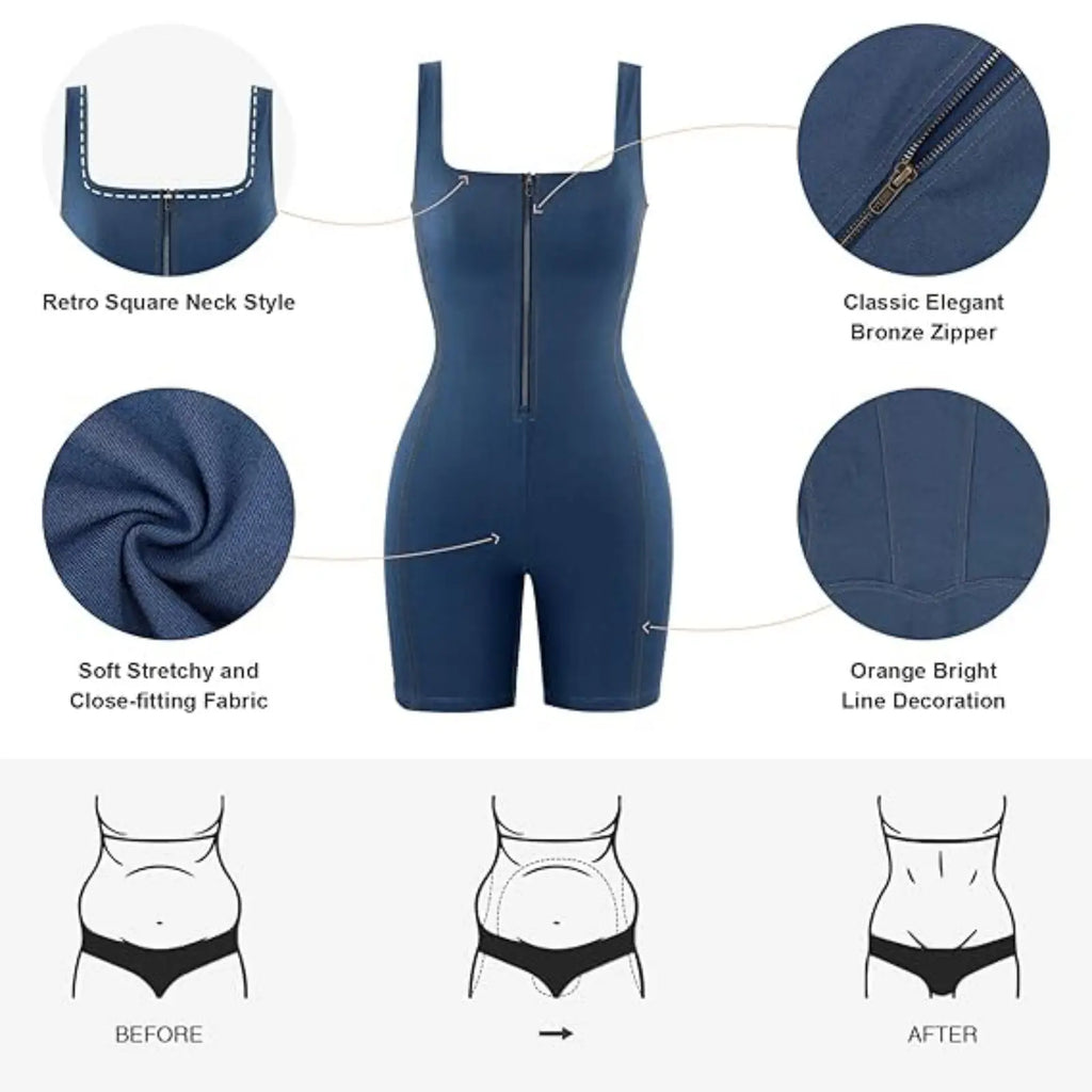 Brxl by Popilush Shapewear Jumpsuit - Faux Denim Jumpsuit for Women Built in Shapewear Tummy Control Jean Romper Full Bodysuits