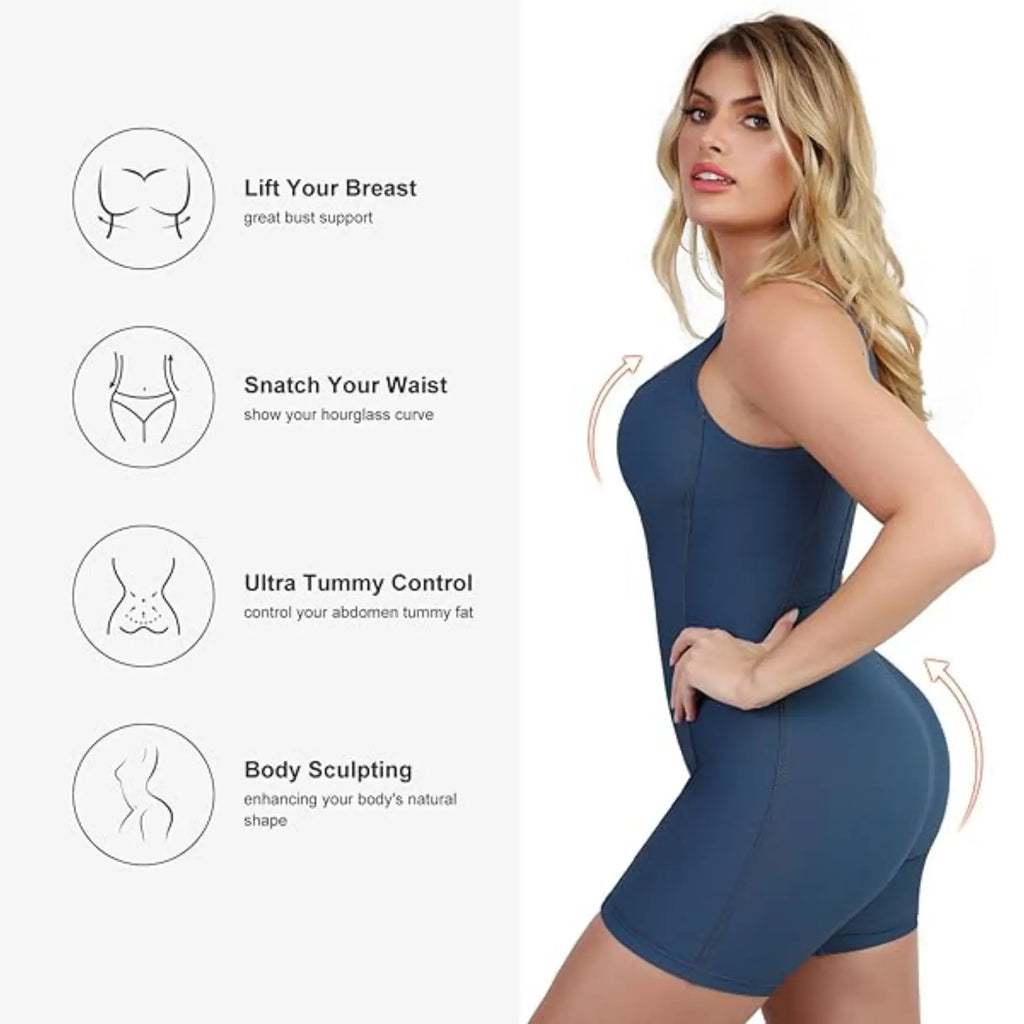 Brxl by Popilush Shapewear Jumpsuit - Faux Denim Jumpsuit for Women Built in Shapewear Tummy Control Jean Romper Full Bodysuits