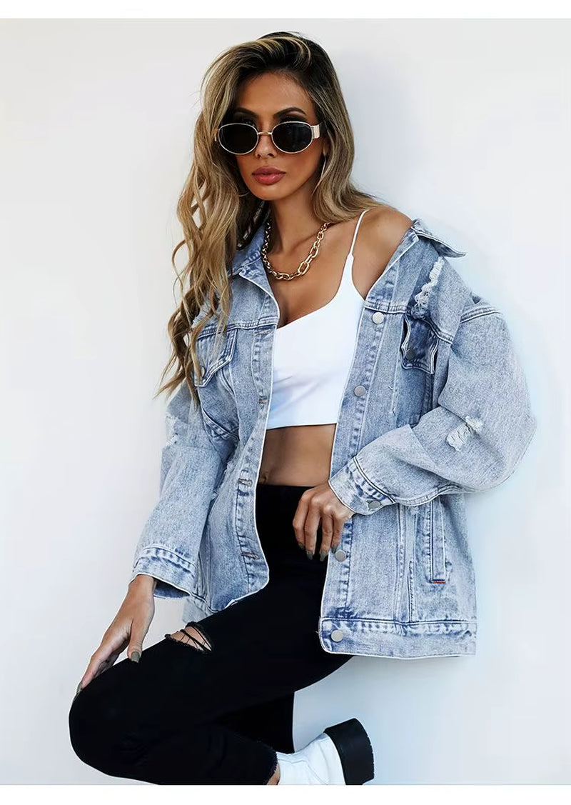 Jeans Jackets for Woman Jackets Euramerican Hole Autumn Winter Women'S Jeans Coats Outerwears Denim Top New Female Jean Fashion