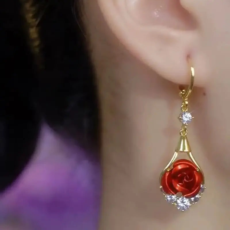 Rose Drop Earrings 14K Gold Plated Sparkling Crystal Tassel Design, Chic Elegant Fashion Jewelry Water Drop Earrings for Women 2025 DZEH4322