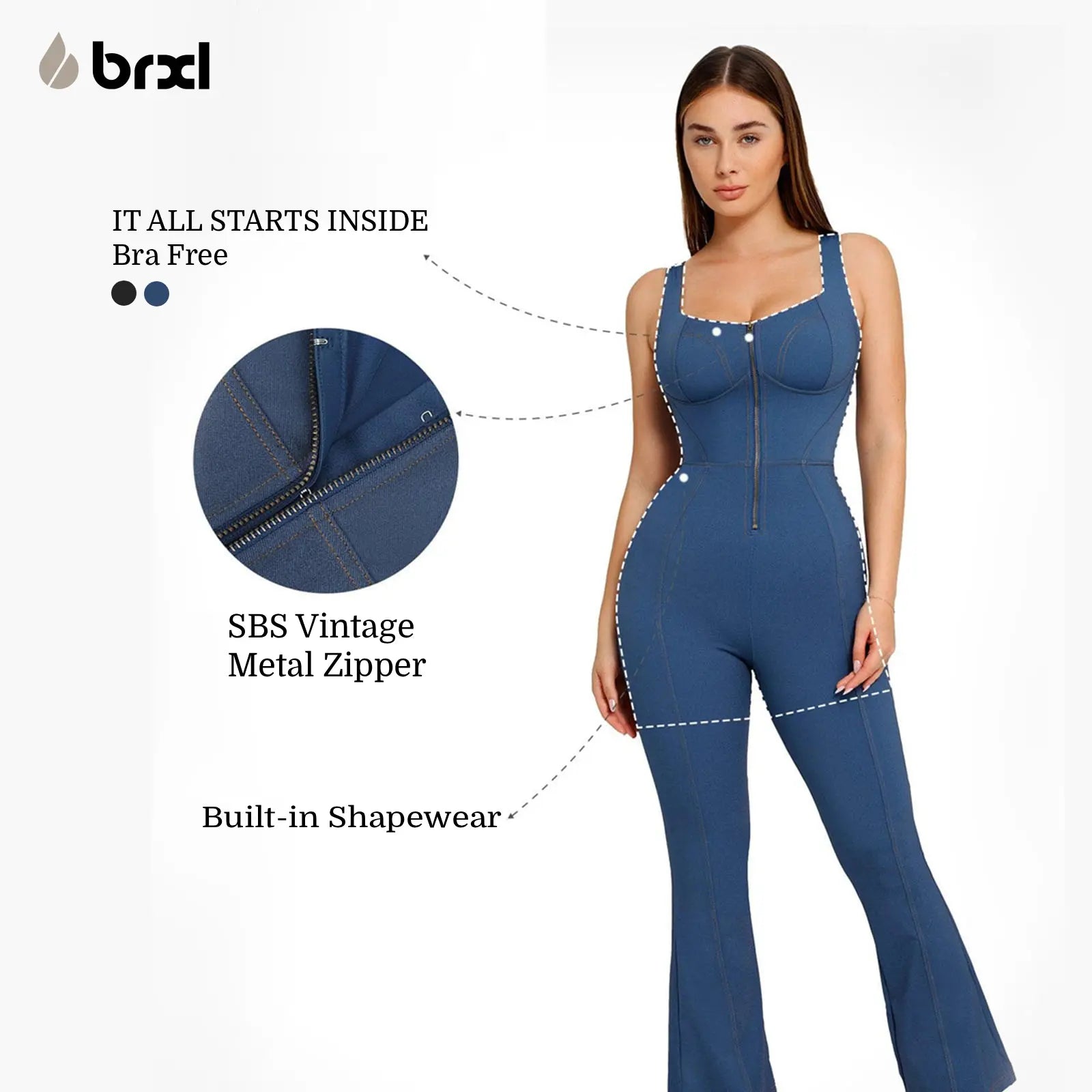 Brxl by Popilush Shapewear Jumpsuit - Faux Denim Jumpsuit for Women Built in Shapewear Tummy Control Jean Romper Full Bodysuits