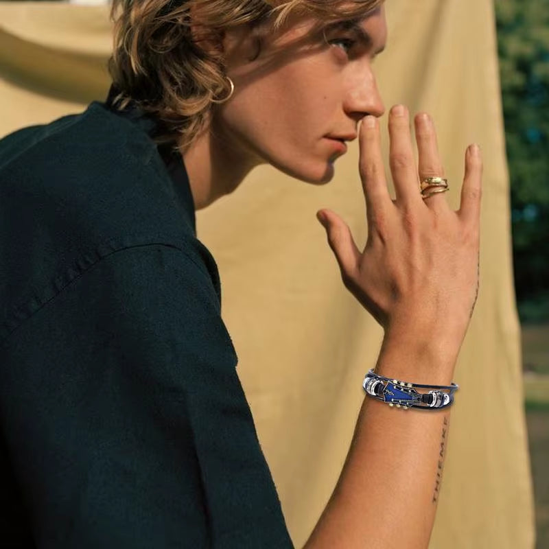 Braided Guitar Bracelet Zinc Alloy Adjustable Buckle Manual Woven Faux Leather 3-Layered Retro Punk Wrist Jewelry Gifts