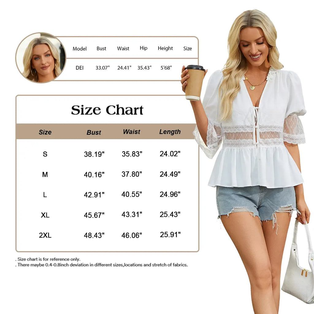 Chicovar Women'S Lace Blouse - Tie Front, Puff Sleeve, Ruffle Hem, Babydoll Top, Daily Wear, Casual Wear, Travel, Vacation