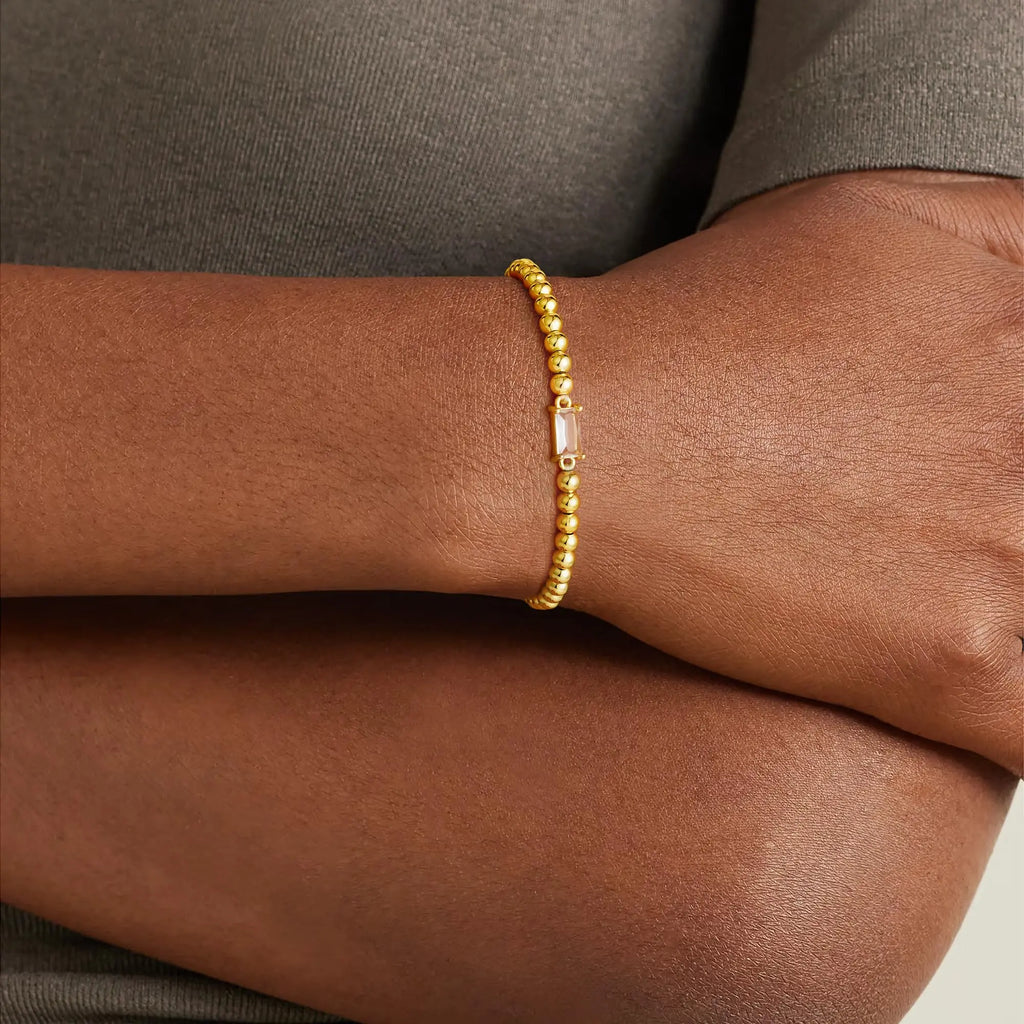 Turandoss Birthstone Beaded Bracelet for Women - 14K Gold Plated Bead Elastic Bangle Bracelets Trendy Friendship Birthday Jewelry Gifts for Women
