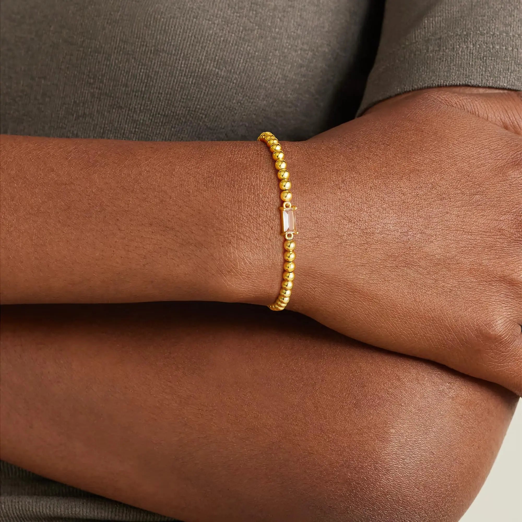 Turandoss Birthstone Beaded Bracelet for Women - 14K Gold Plated Bead Elastic Bangle Bracelets Trendy Friendship Birthday Jewelry Gifts for Women