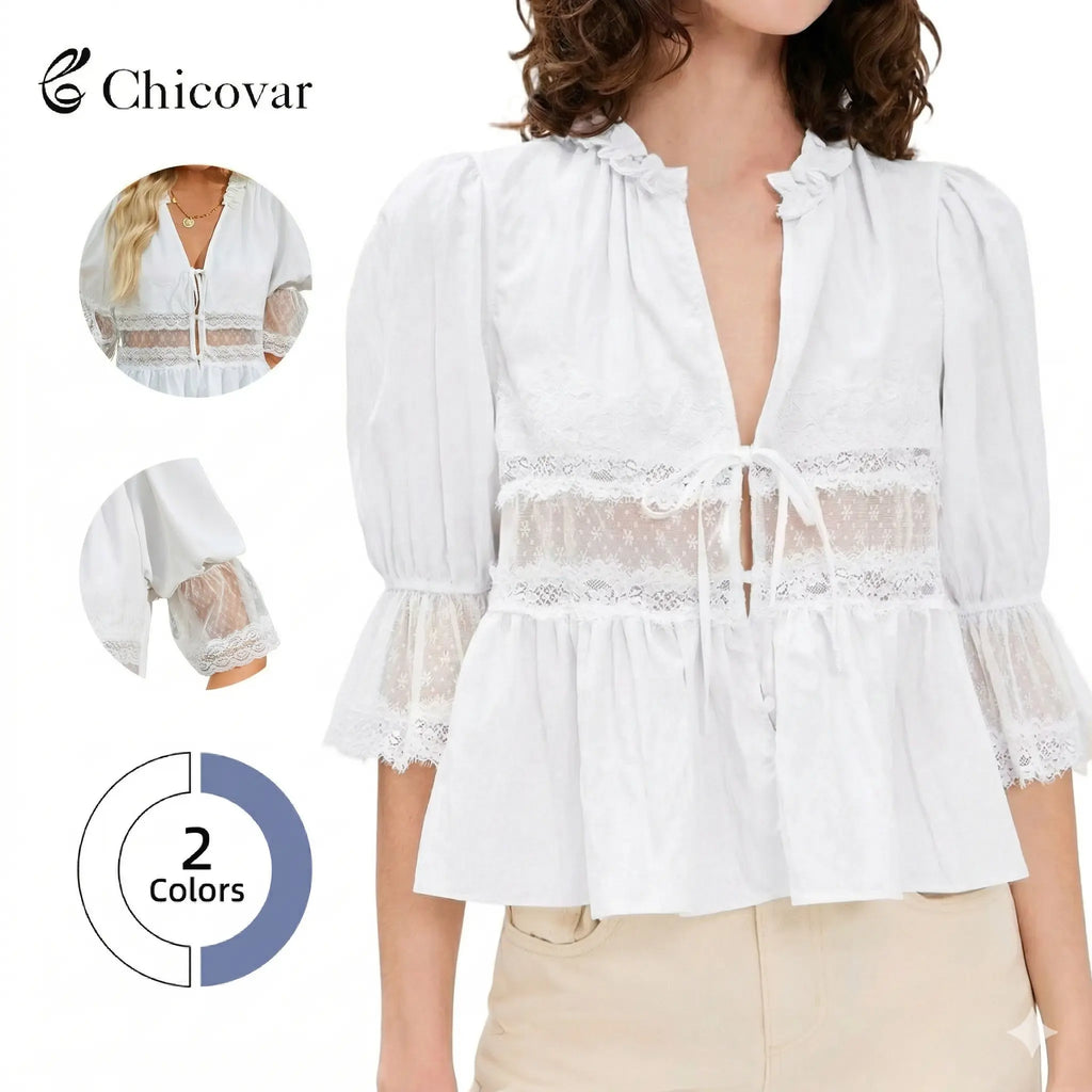 Chicovar Women'S Lace Blouse - Tie Front, Puff Sleeve, Ruffle Hem, Babydoll Top, Daily Wear, Casual Wear, Travel, Vacation