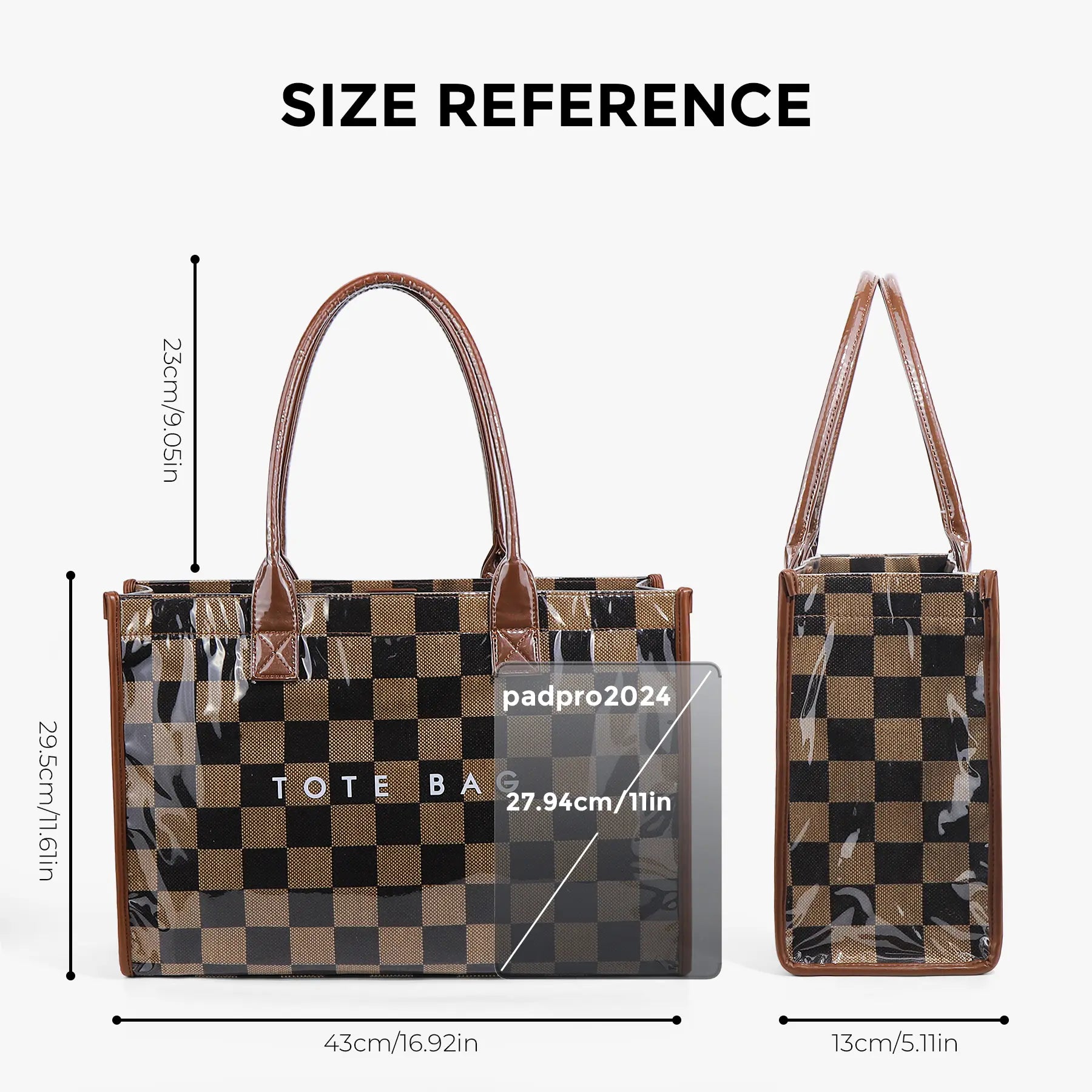 Women'S Retro Checkered Tote Bag - Vintage Checkerboard Design, Transparent Large Capacity, Black & Brown Accents, Magnetic Closure, Durable Polyester Lining, Casual Commuter Handbag, Minimalist Style, Sturdy Handle