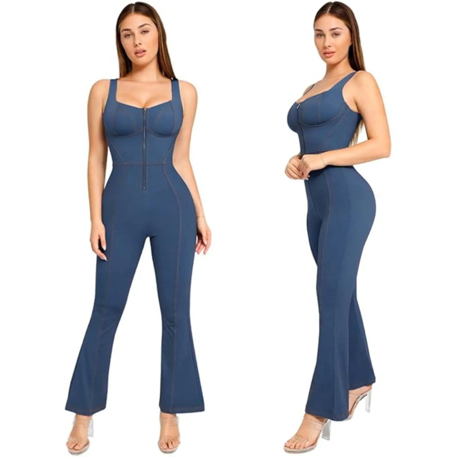 Brxl by Popilush Shapewear Jumpsuit - Faux Denim Jumpsuit for Women Built in Shapewear Tummy Control Jean Romper Full Bodysuits