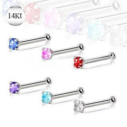 14Kt White Gold Stud Nose Ring with Prong Setting Gem